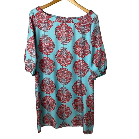 Lilly Pulitzer Turquoise Blue Sand Piper Silk Shift Dress Size 10 Puff Sleeves - Picture 4 of 8